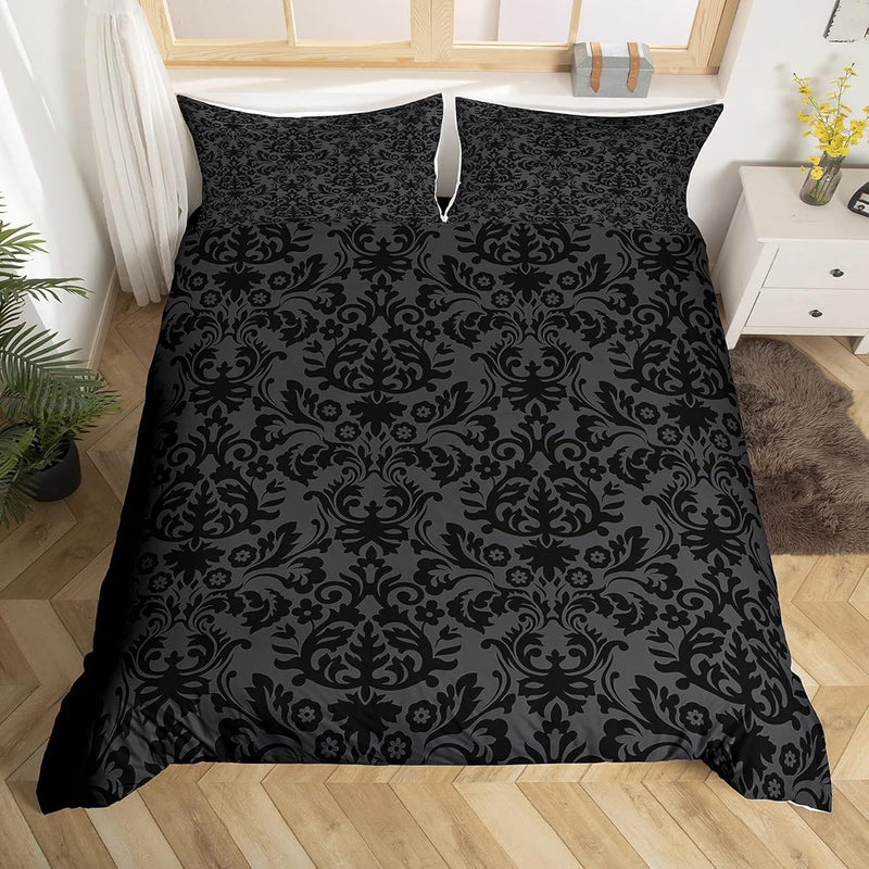 Adults Black Damask Bedding Set Antique Victorian Baroque Duvet Cover Queen Si