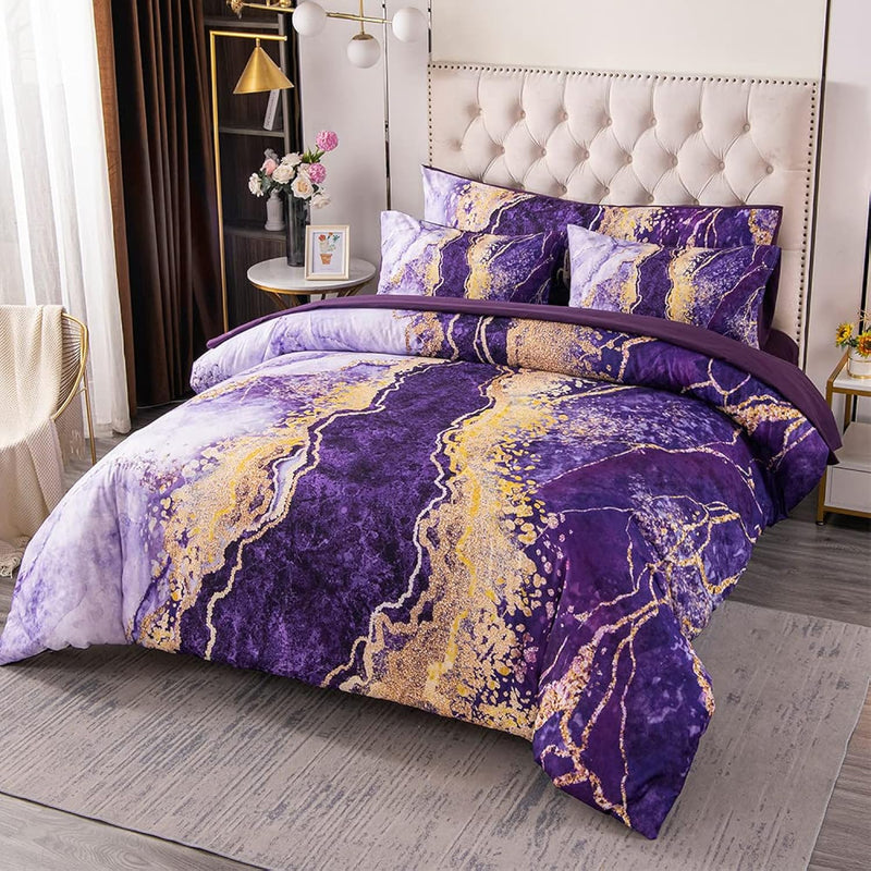 6 Pcs Bed-In-A-Bag Purple Watercolor Marble Colorful Comforter Set,Ultra Soft
