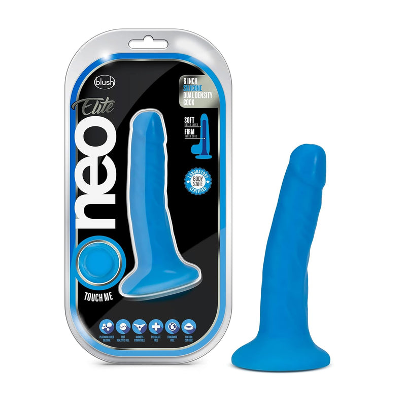 Neo Elite 6 Inch Dildo | Ultrasilk™ Silicone | Sensa Feel® Dual Density Technology | Suction Cup Base And O-Ring Harness Compatible | Realistic | Neon Blue