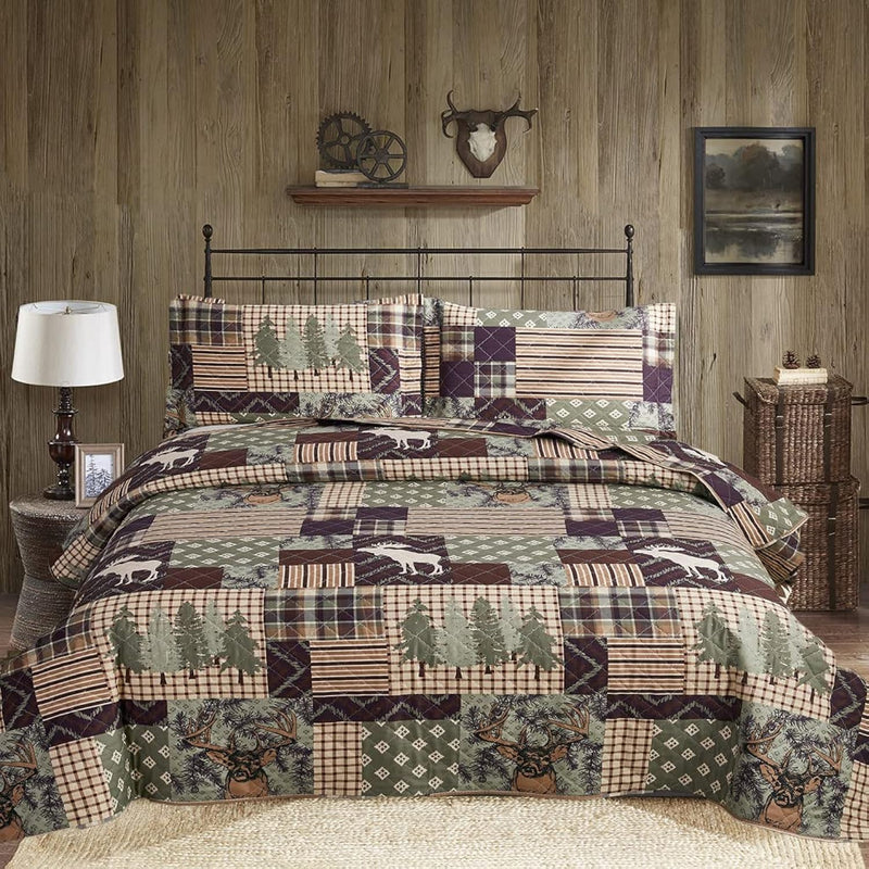 3-Piece Moose Pine Tree Reversible Quilt Set, Checked Color Stripe Rustic Home