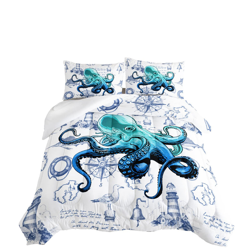 Octopus Bedding Sets,Nautical-Themed White Comforter Queen Size,Tentacle Sea A