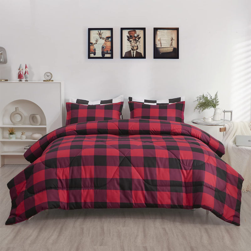 Full Comforter Set 3 Pieces Fluffy Bedding Set Red Plaid Down Alternative Comf