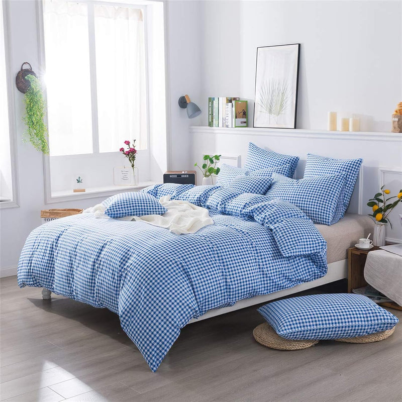 Blue Grid Duvet Cover Set Full 100% Cotton Soft Plaid Bedding Reversible Gingh