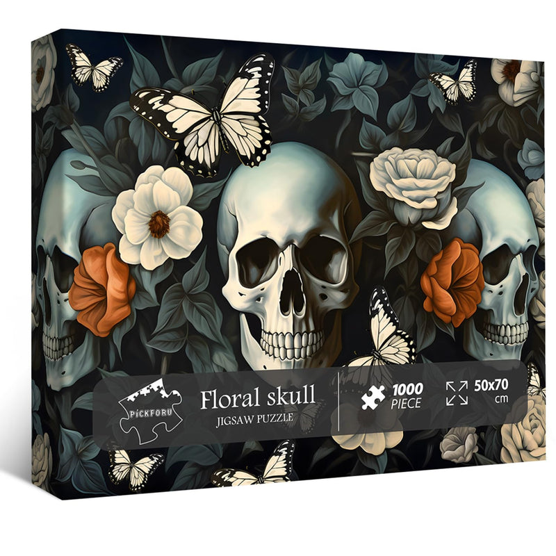 Skull Puzzles For Adults 1000 Pieces, Vintage Halloween Jigsaw Puzzle Flowe