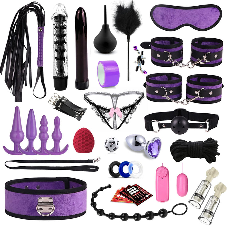 Bdsm Leather Sex Toys Kit,33Pcs Double-Sided Fluff Sex Bondage Sets Restraint Kit With Handcuffs&Ankel Cuff&Anal Butt,Bed Adult Sex Things For Couples Kinky Bundles…