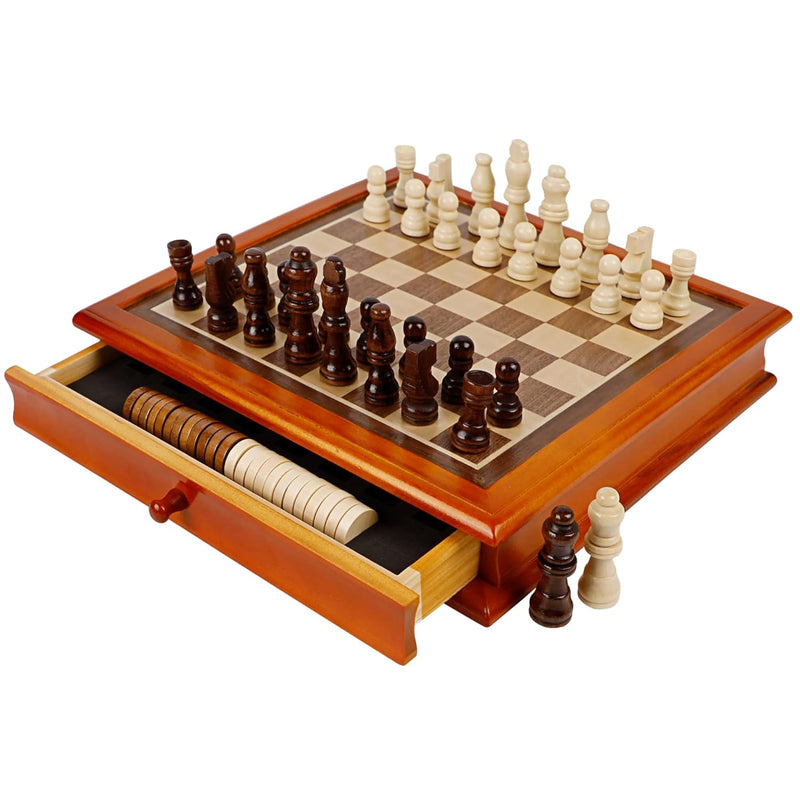 Juegoal 12-Inch Wooden Chess & Checkers Set with Storage Drawer, Portable B