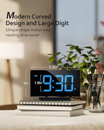 Digital Alarm Clock for Bedrooms with Modern Curved Design, Conspicuous Blue LED Numbers, 6 Levels Brightness, 2 Volume, 3 Alarm Tones, Snooze, Power-Off Memory, 12/24H, Bedside Clock