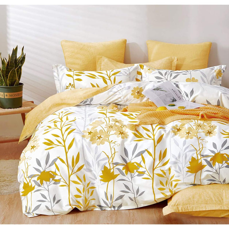 Duvet Cover Queen Size, 600 Thread Count Cotton Grey Branches And Yellow Flowe