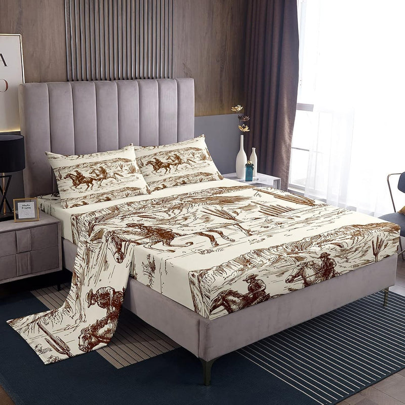 Western Bed Sheets Queen Size Cowboy Sheet Set American Wild West Desert Hand