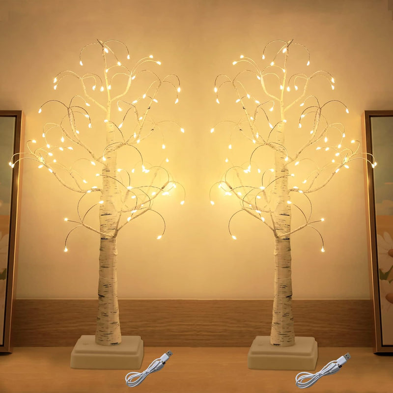 2 Pack White Birch Tree With 72 Led Lights 22" Table Lighted Trees With Usb Or