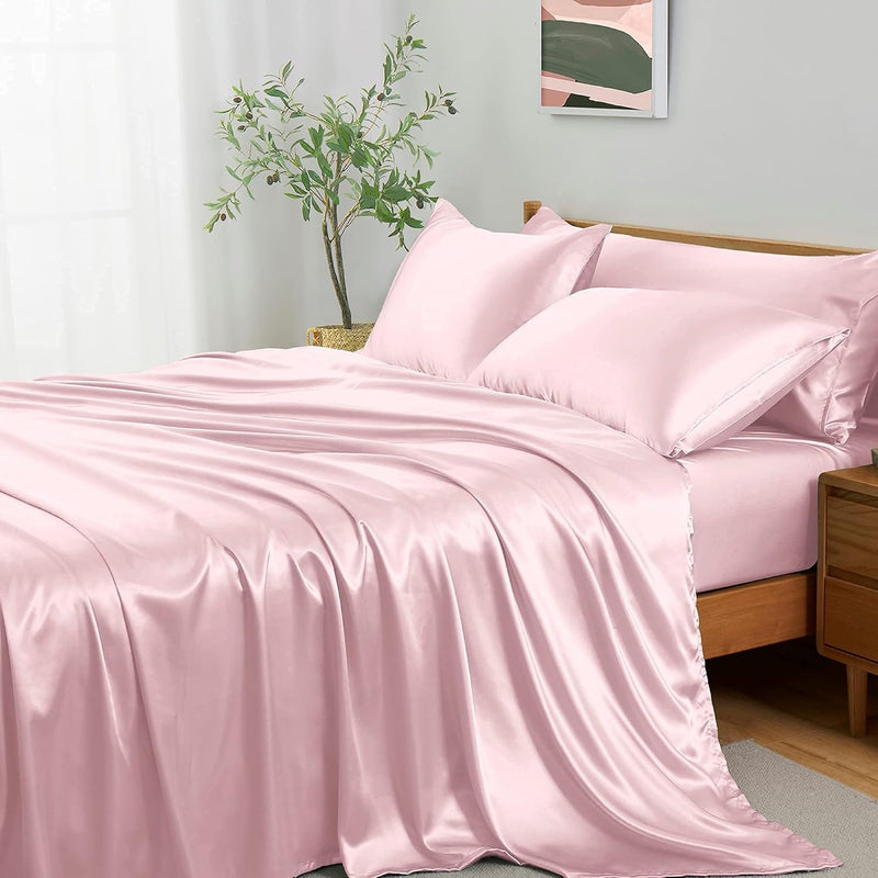 4Pcs Silky Satin Sheets Set, Twin Size Satin Bed Sheets Set, Blush Pink Luxury