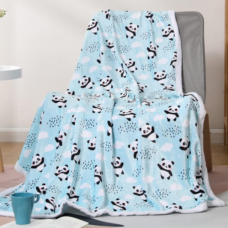 Panda Blanket, Flannel Fleece Plush Blanket, Soft Warm Blue Pandas Blanket Pan