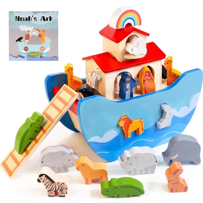 Wooden Noah'S Ark Toy Animal Play Set, Bible Story Toys Baptism Gift For Bo