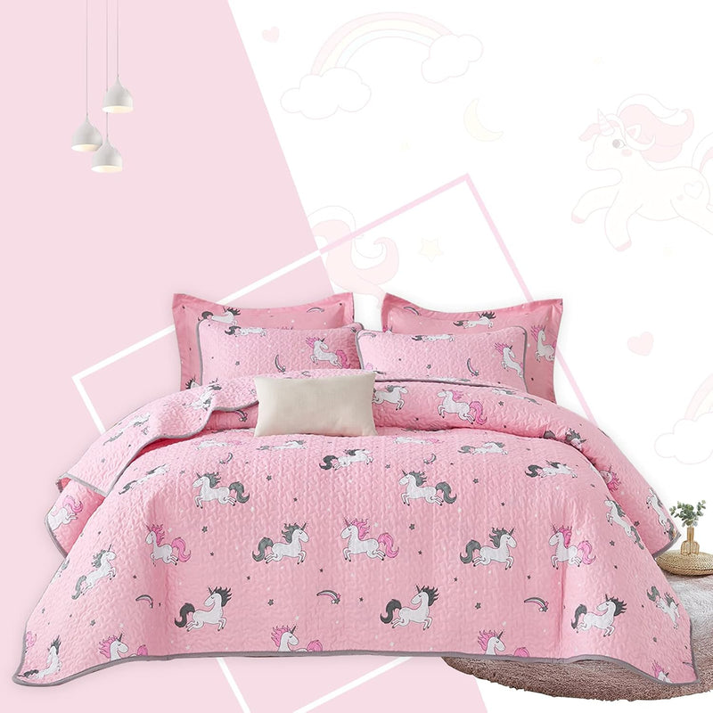 Quilt Set Bed In A Bag 5 Piece Twin Size Unicorn Pink Kids Bedspread Coverlet