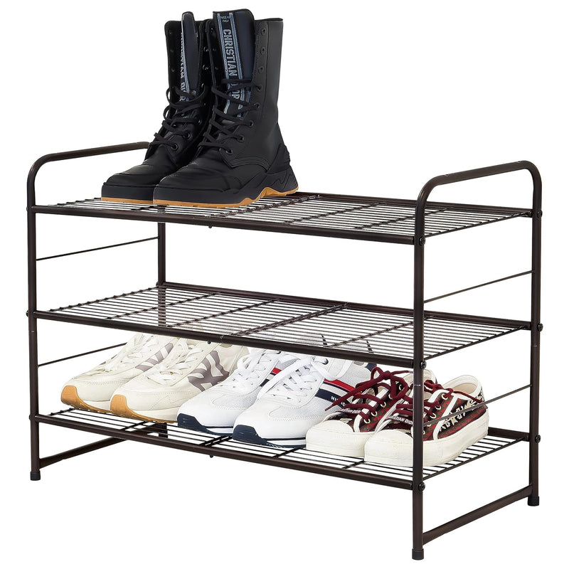 Stackable And Expandable Shoe Rack, 3 Shelves Metal Wire Utility Rack , Bronze