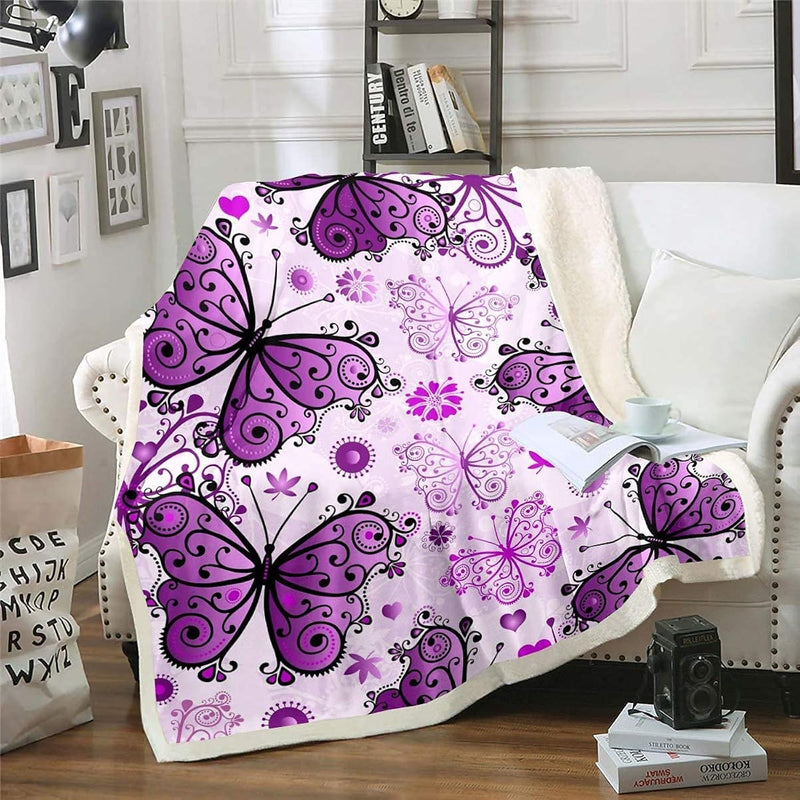 Girly Butterfly Plush Throw Blanket Kids Girls Purple Butterflies Print Fleece