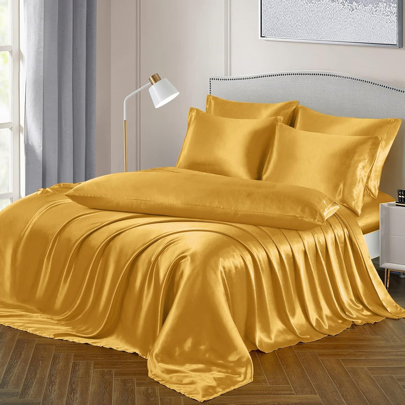 7 Pieces Satin Sheets Set King Size, Luxury Silky Gold Satin Bed Sheets Set Wi