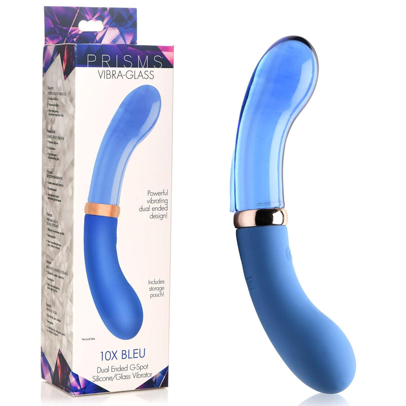 Vibra-Glass 10X Bleu Dual Ended Artisan Glass & Premium Silicone G-Spot Vibrator With Bonus Velvet Storage Pouch For Women Men & Couples. Adult Vibration Toy For Clitoral Stimulation. Blue.