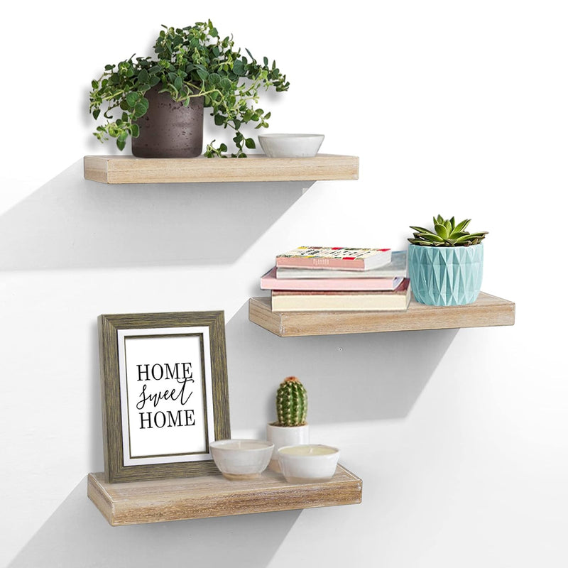 Floating Wall Mounted Shelves, Set Of 3 Display Rustic Wood Ledge Shelves Wide
