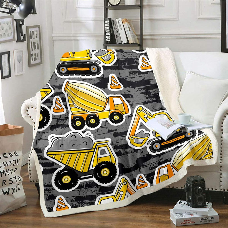 Boys Excavator Throw Blanket Twin Size, Tractors Sherpa Blanket Equipment Truc