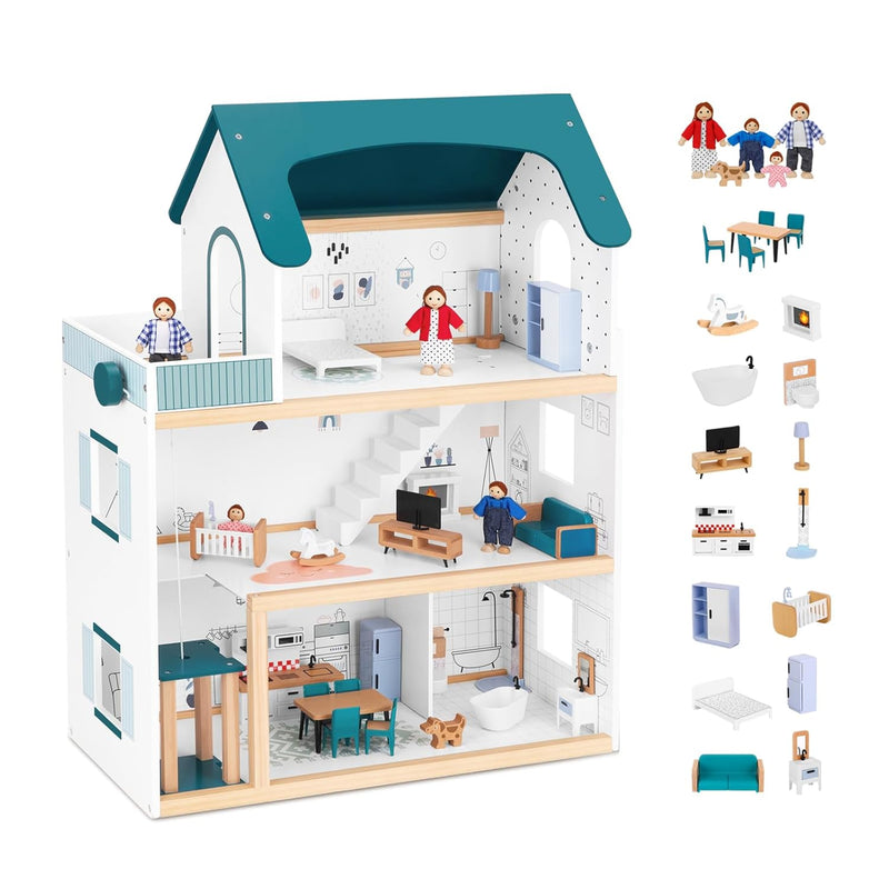 Wooden Dollhouse With Liftable Elevator 2.6 Feet High Modern Doll House For
