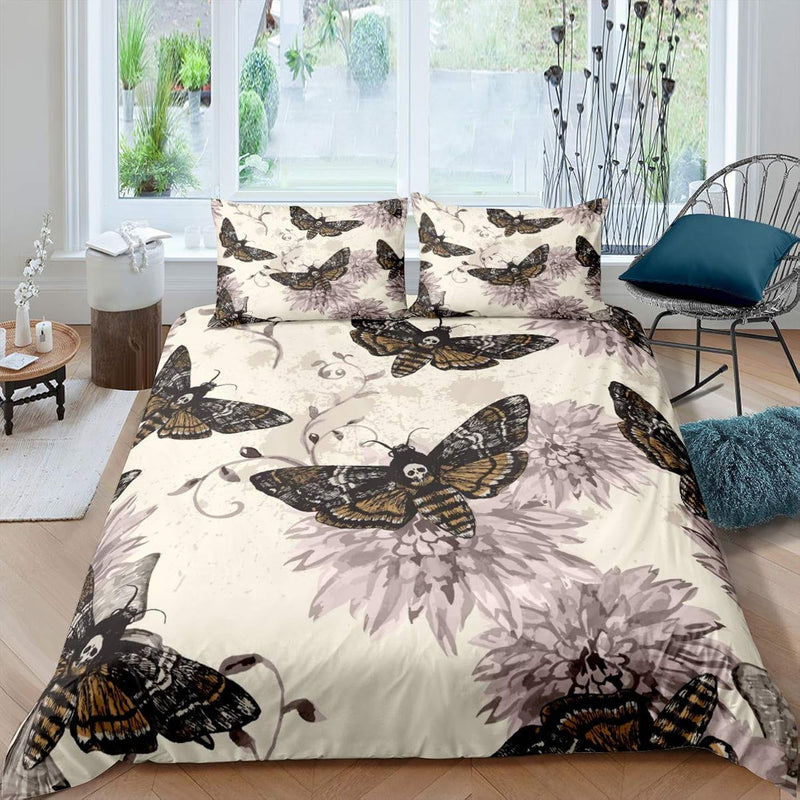 Moth Skull Bedding Set Gothic Flying S Pattern Comforter Cover For Kids Adult