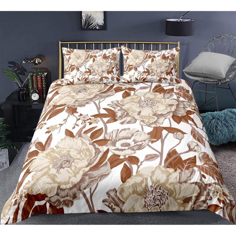 Vintage Floral Duvet Cover King, White Duvet Cover With Flower Brown Leaf Plan