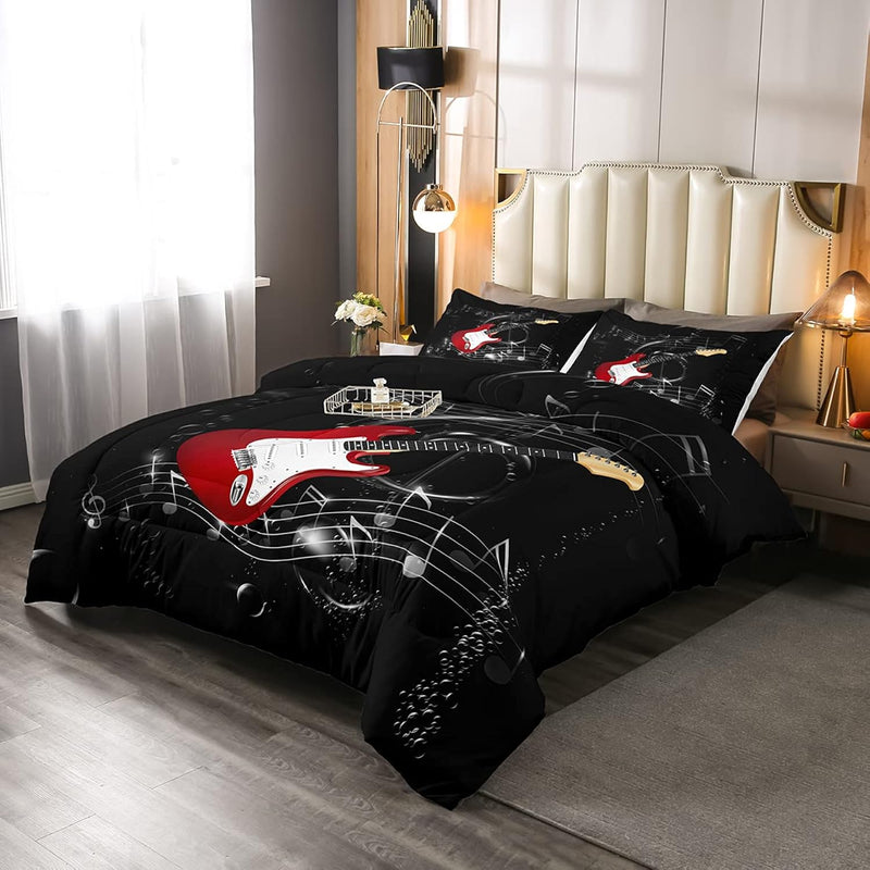 Guitar Comforter Set, Teens Musical Note Duvet Sets Twin Size, Music Themed Hi