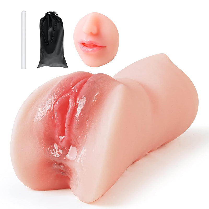 3 In 1 Male Masturbator Realistic Pocket Pussy With Drying Stick&Waterproof Storage Bag, Double-Ended Male Sex Toy Mouth Tongue Textured Vagina & Tight Anus For Men Masturbation (Flesh)