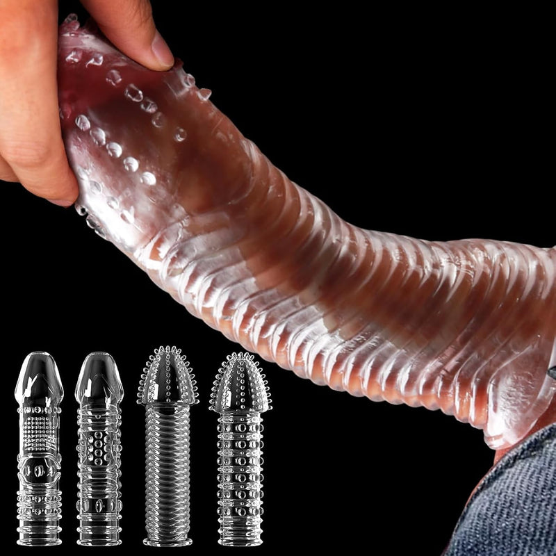 4 Pack Transparent New Threaded Mace Condom Male Condom Adult Lock Fine Ring Extended Crystal Sleeve, Condom With Spikes And Beads, Vaginal Condoms, Thin Penis Sleeve, Silicone Rubber Penis Sleeve