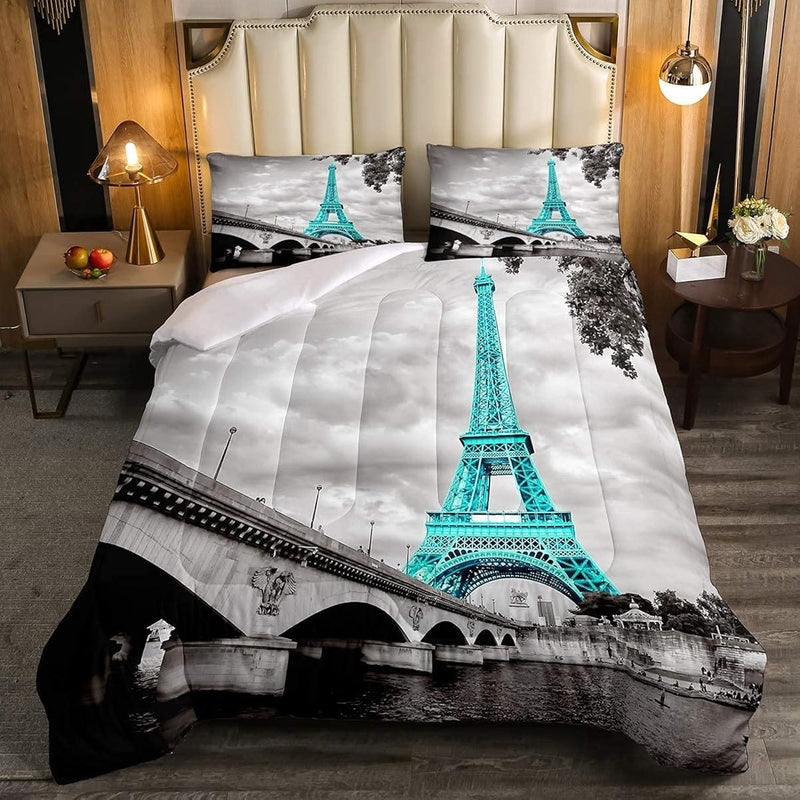 Blue Paris Eiffel Tower Comforter Set Full Size Quilt For Girls Boys Kids Wome