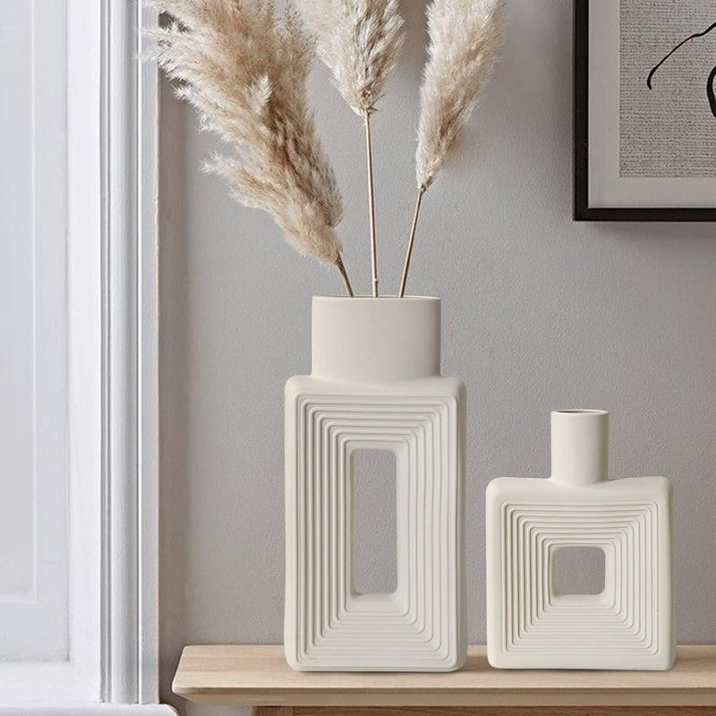 White Ceramic Vase Set Of 2,Square Vase Rustic Home Decor Minimalist Nordic Bo