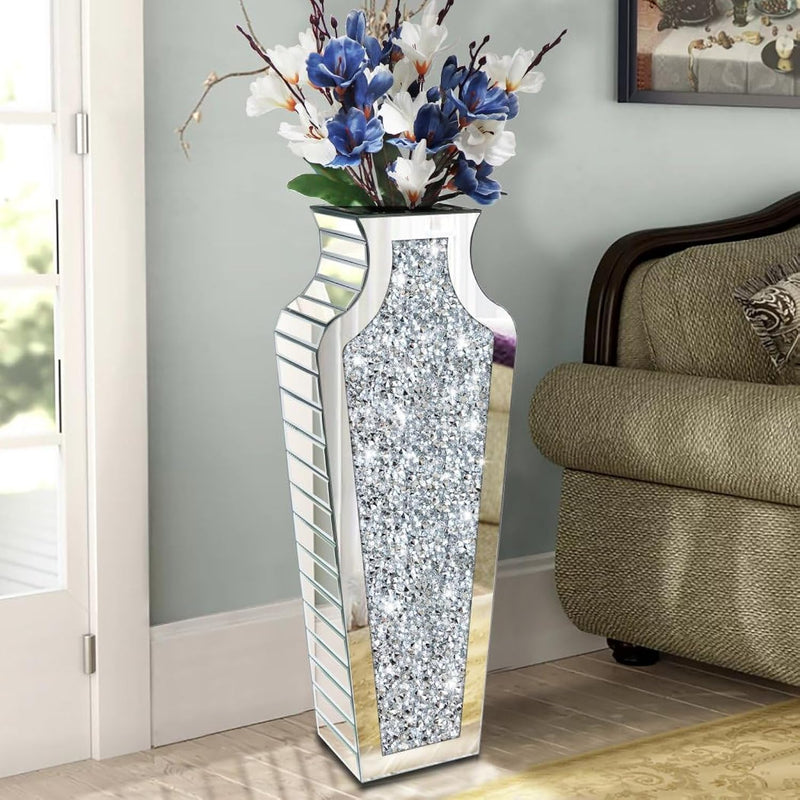 Floor Vase Crushed Diamond Mirrored Vase 27” Tall, Crystal Silver Glass Decora