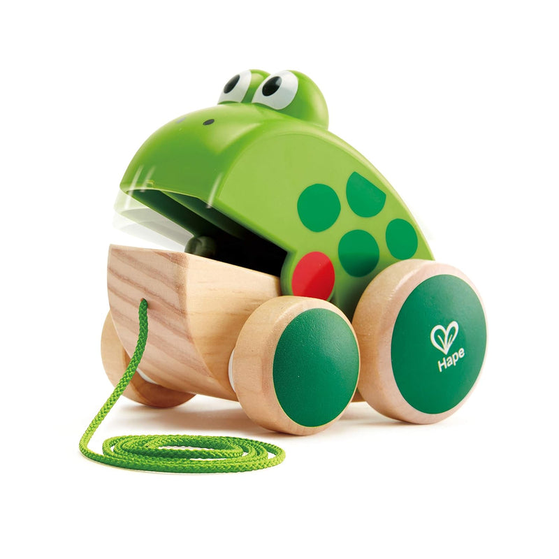 Hape Frog Pull-Along | Wooden Frog Fly Eating Pull Toddler Toy, 4.6 x 3.3 x