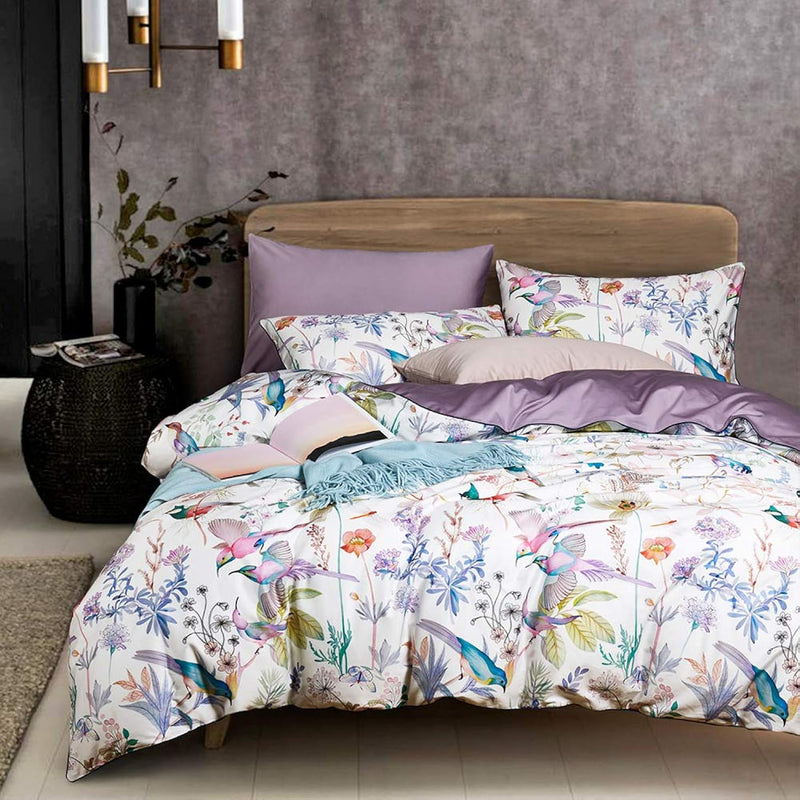 Multi Color King Duvet Cover Set With Floral Bird Pattern,White Purple Bedding
