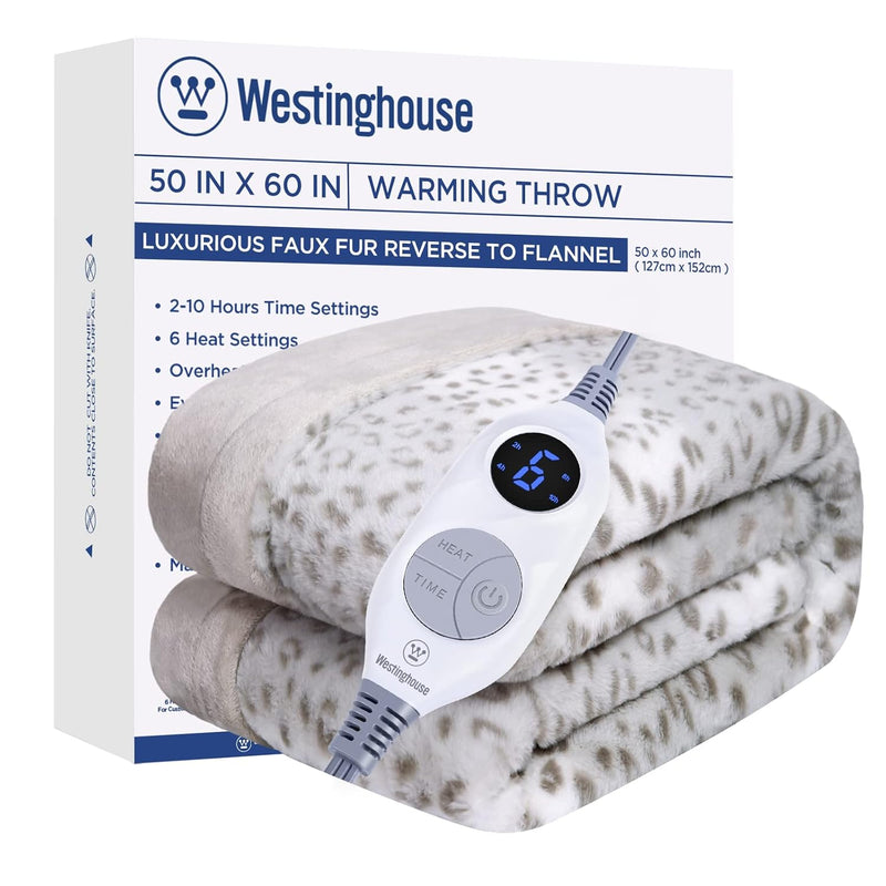 Westinghouse Heated Throw Blanket , Grey Leopard Electric Throw Blanket, Luxur