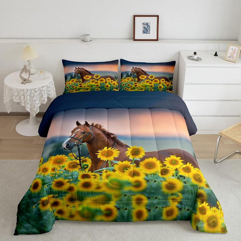 Horse Comforter Set Sunflower Horse Print Bedding Set For Kids Adults Yellow F
