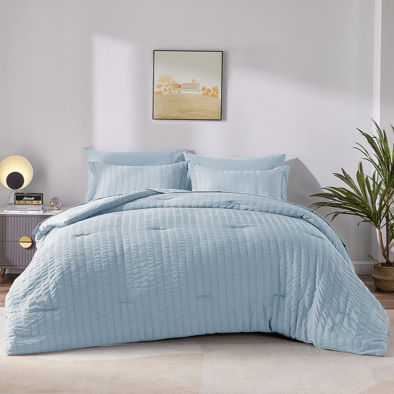 Full Seersucker Comforter Set With Sheets Light Blue Bed In A Bag 7-Pieces All