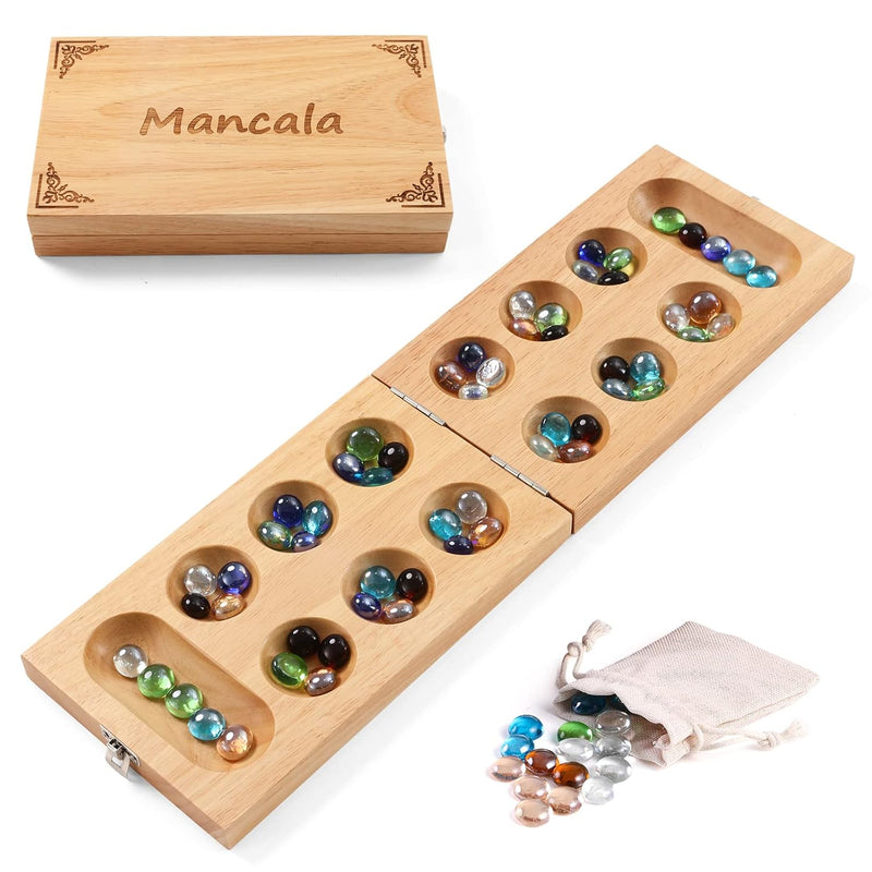 Mancala Board Game For Kids, Adults & Family. Includes Folding Rubber Wood