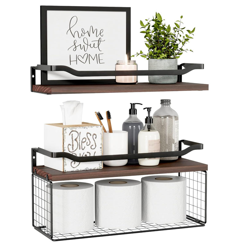 Floating Shelves With Wire Storage Basket, Bathroom Shelves Over Toilet With P