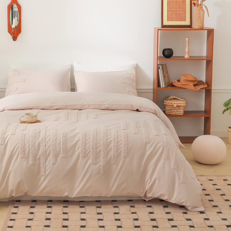 100% Cotton Boho Tufted Duvet Cover Set, 3Pcs Textured Embroidery Comforter Co