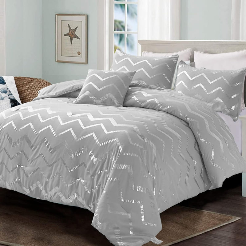 Grey And Silver Comforter Set Twin Size Metallic Print Geometric Bedding Set L
