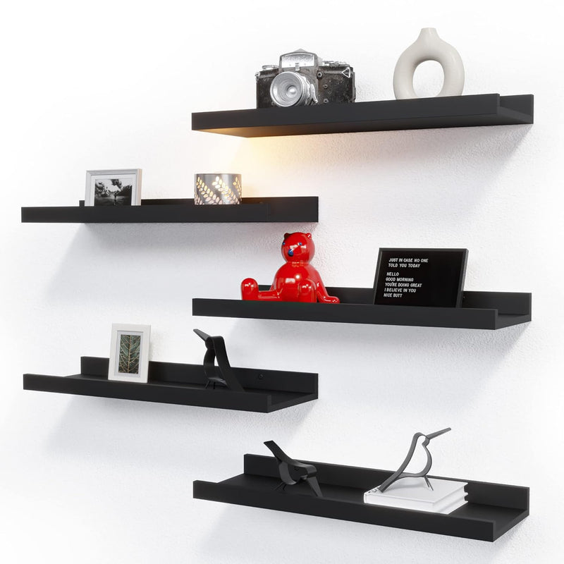 5 Set Floating Wall Mounted Shelves, Black Shelves For Wall Decor, Modern Pict