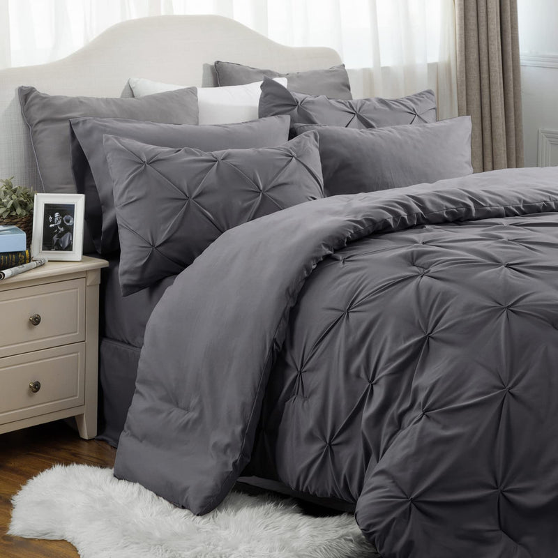 King Size Comforter Set - Bedding Set King 7 Pieces, Pintuck Bed In A Bag Dark