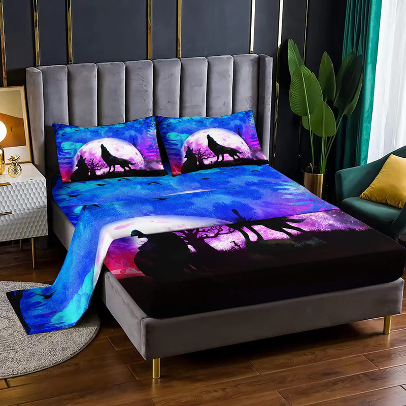 Wolf Bed Sheet Set 4Pcs Galaxy Night Moon Bedding Set Howling Wolf Down Lunar