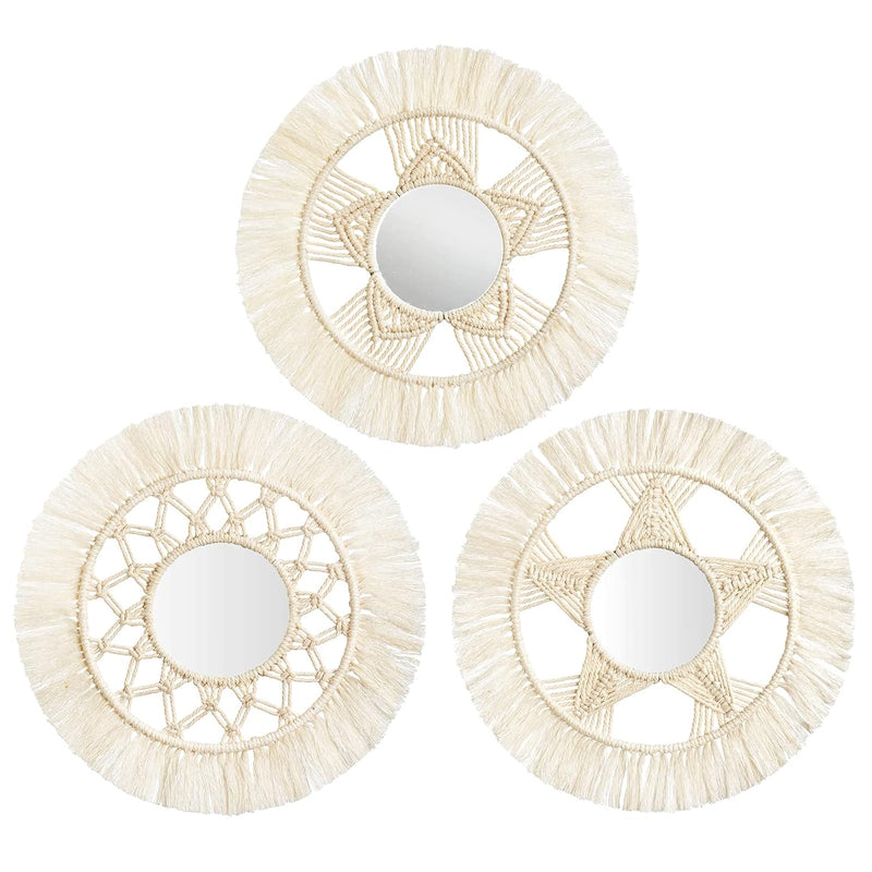 Mini Round Wall Mirror With Macrame Fringe Set Of 3 Small Wall Hanging Circle