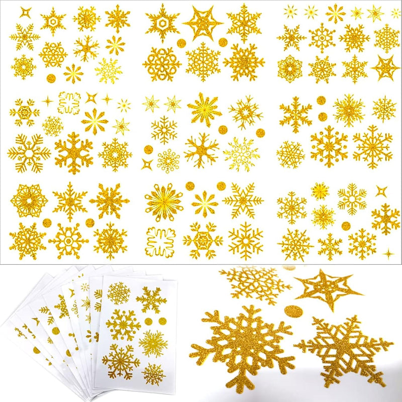 9 Sheets Glitter Gold Snowflake Window Clings Decals Christmas Glass Static St