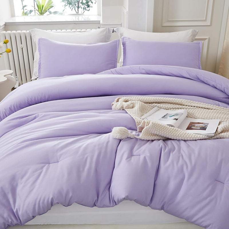 Lavender Purple Comforter Full Size, 3 Pieces Lightweight Solid Bedding Set &
