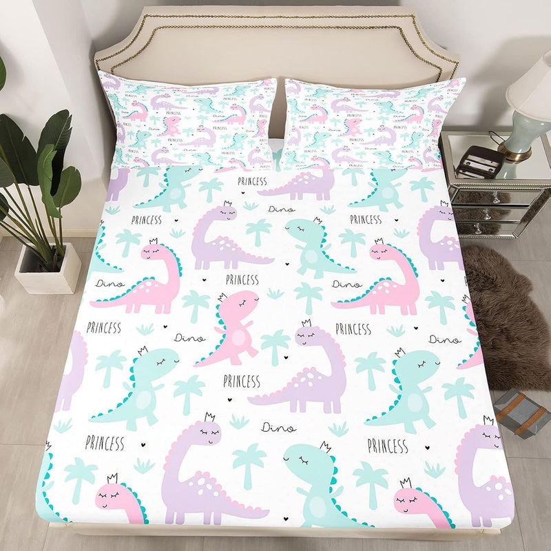Dinosaur Fitted Sheet Pink Purple Dinos Bedding Set For Kids Girls Cartoon Bed