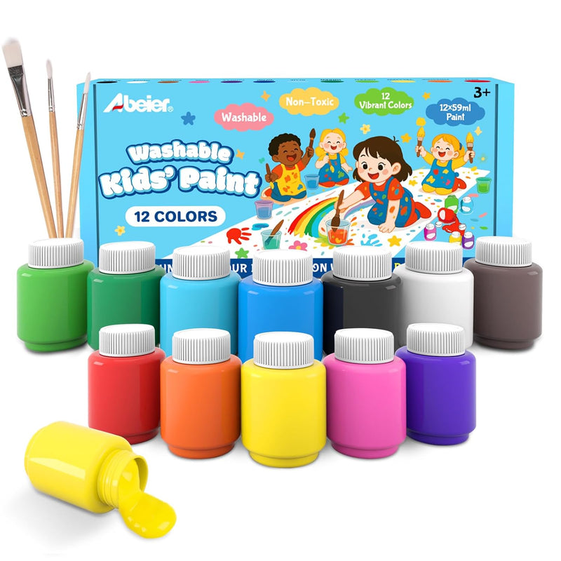 12 Pack Washable Kids Paint Set with 2 oz Non-Toxic Finger Paint and Brushes